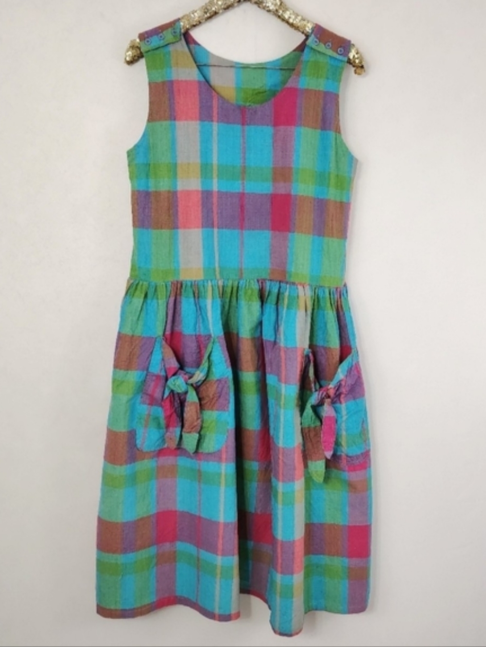 Vintage 80s Chandri Women's Rainbow Plaid Midi Dress Size Medium Preppy‎